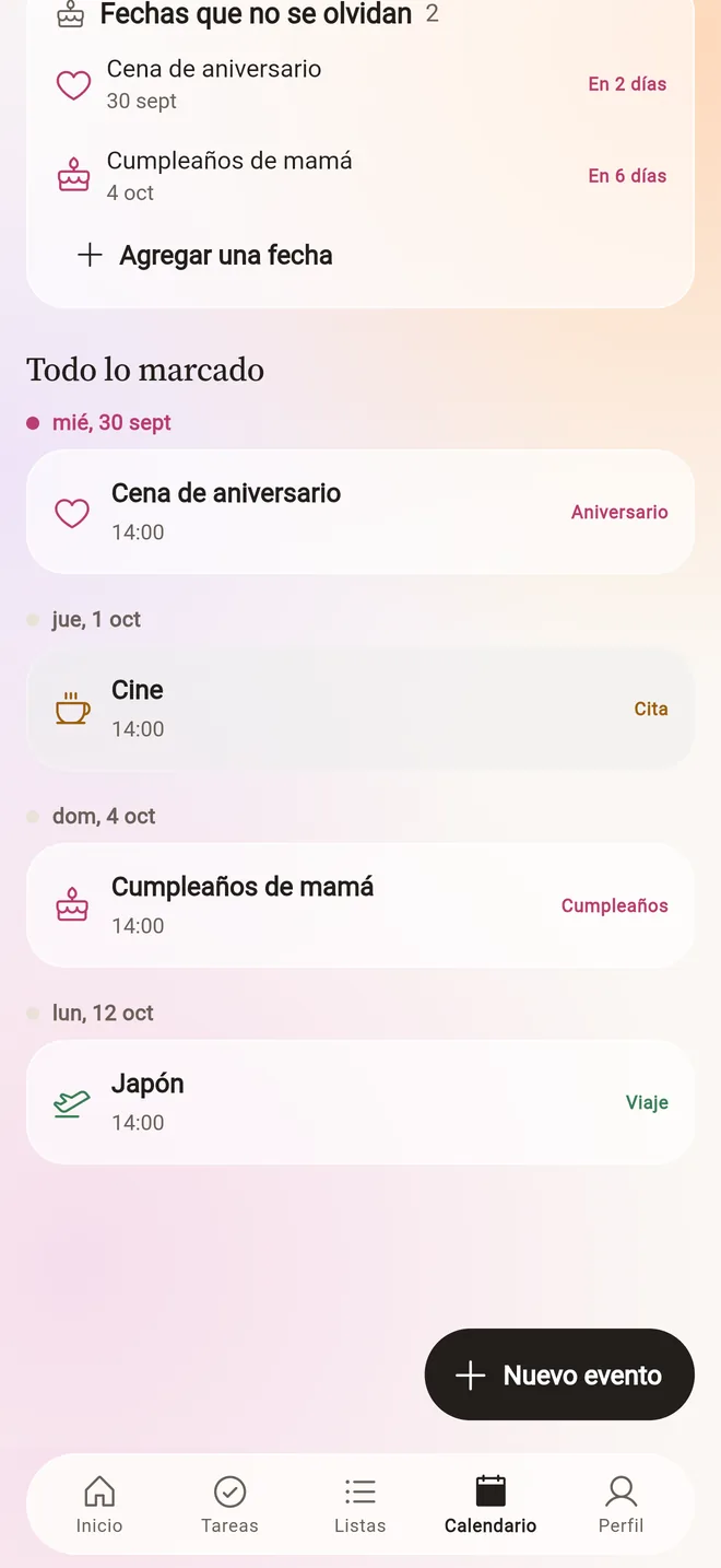 Calendario compartido con las fechas de los dos.