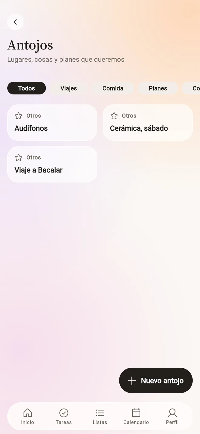 La lista de antojos de la pareja, por categorías.